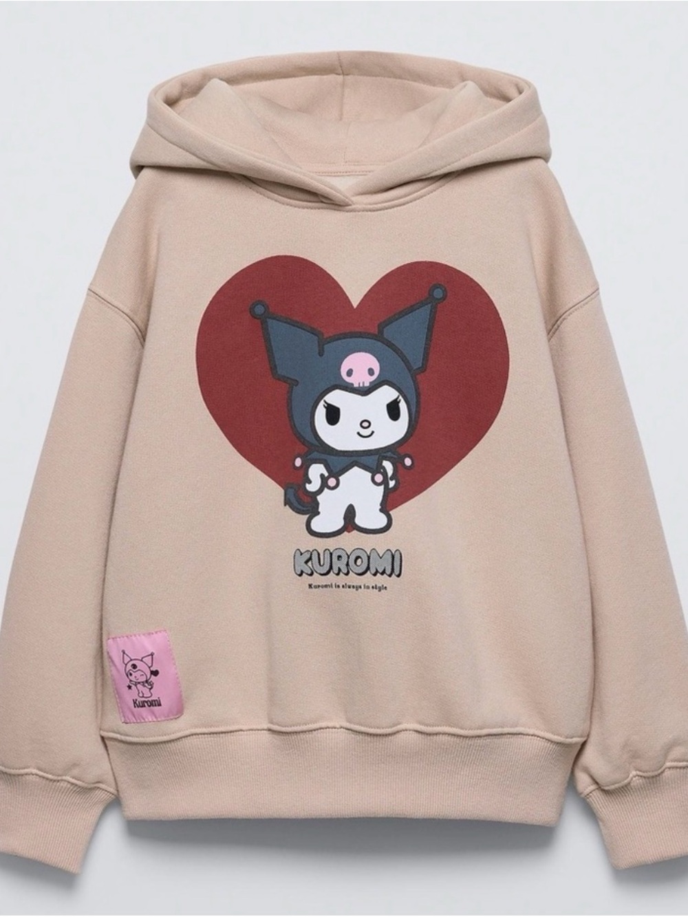 Zara Beige Hoodie with Red Heart and Black Kuromi Graphic